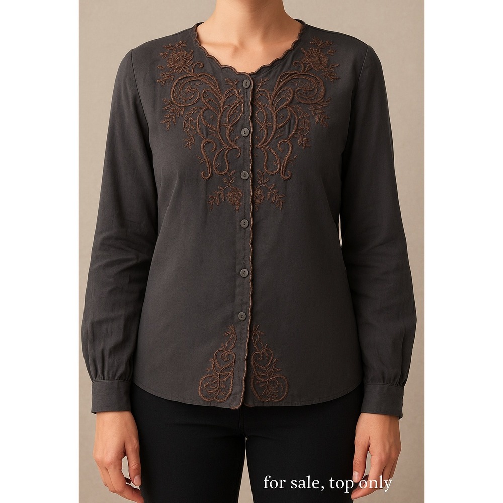 Vintage 90s Boho Embroidered Cutwork Blouse Long Sleeve Button Gray Brown 16W